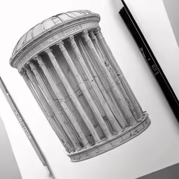a black and white drawing of a building with a column
