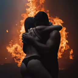 two people standing in front of fire with each other