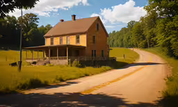 an old house is sitting alone in the middle of a rural landscape,a yellow brick home on a country road