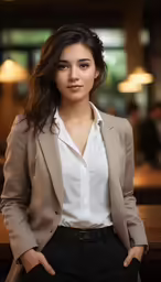 a woman is standing in front of the camera