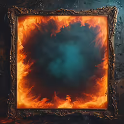 a framed photo with an artistic picture of flames inside of it