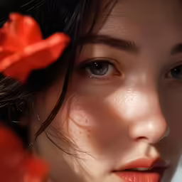 a closeup photo of a girl with frecky hair and bright lipstick