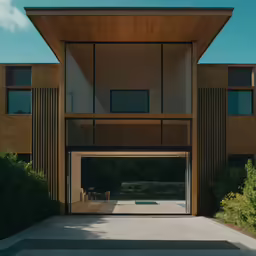 a wooden walkway leading to a brown building