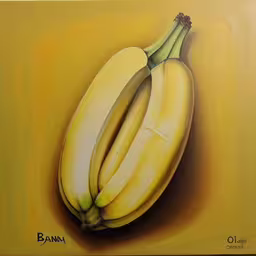 a painting of three bananas on a yellow background