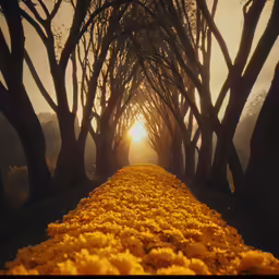 a row of trees with a sun through them