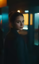 an attractive young woman in a dark room