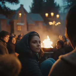 many people are gathered around a bonfire in front of some building
