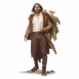 a man wearing brown clothes is walking with some feathers