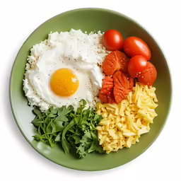 plate with various foods, including eggs, pasta, tomatoes, and lettuce