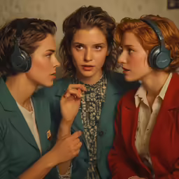 three women wearing headphones looking at something