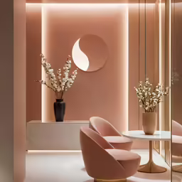 two pink armchairs sit in the middle of a room with a table and potted flowers on the wall