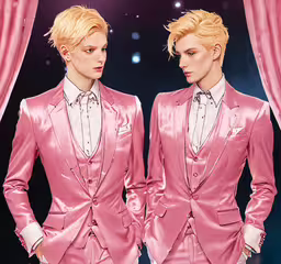 a photo of two men in pink suits,two male model are dressed in pink outfits