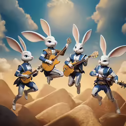 four bunny rabbits with guitars in a desert