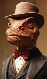 a strange looking frog in a suit and top hat