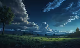a grassy field at night with a tree in the foreground