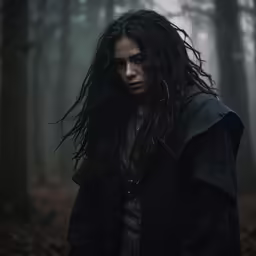 the woman in the black hoodie is walking through a forest