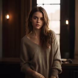 a young woman wearing a sweater in a dimly lit room