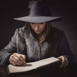 a woman with a hat is looking at an open book