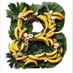 a display of bananas and green leaves with a white background
