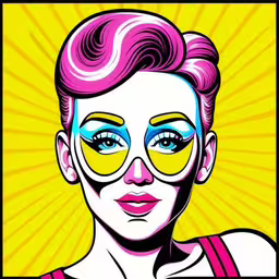 a painting of a woman with pink hair, glasses and bright blue eyes,the woman