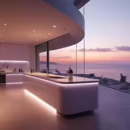 a modern kitchen with large windows overlooking the ocean