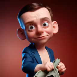 a cartoon character holding a jacket, over red background