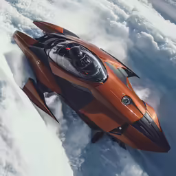 a futuristic looking orange vehicle sits in the middle of some snow