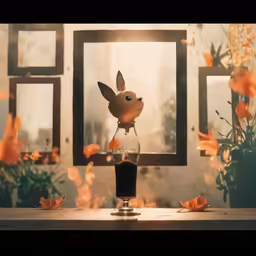 a glass with black liquid and a stuffed animal in it