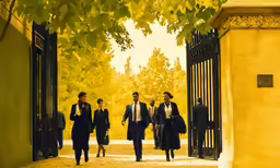 a group of people are walking through a doorway