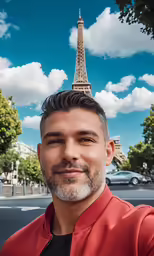a man wearing a red shirt has his head shaved in a side parted and with a white mustache