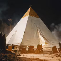 there are a number of chairs sitting near the tip of a tent