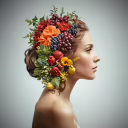a woman with flowers and grapes on her head