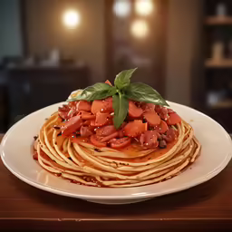 a plate with spaghetti covered in tomatoes on top