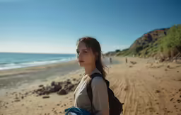 a woman is holding her surfboard on the beach