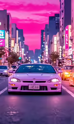 a white car sits on a city road