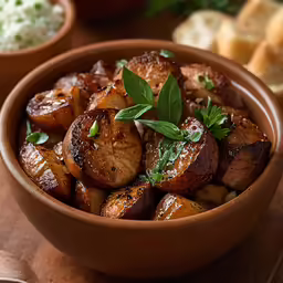 a bowl with potatoes, herbs and bread