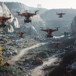 a group of four remote controlled objects flying in the air