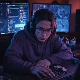 a woman wearing glasses using a computer keyboard