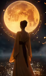 a girl in an old dress is looking at the moon
