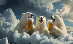 three polar bears are holding beers in their paws