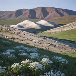 some flowers are growing out of the dirt in the mountains