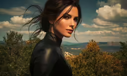 a beautiful woman posing in front of mountains