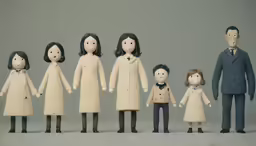a group of dolls in white clothing with people
