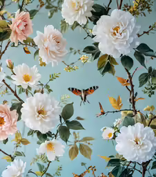there is flowers and a butterfly next to each other
