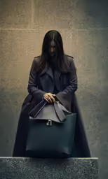 a woman standing on the corner holding a dark bag