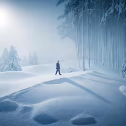 a lone skier is seen in a snowy landscape