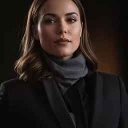 a woman in black clothing wearing a grey turtle neck