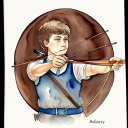 a watercolor painting of a boy aiming,a watercolor drawing of a young man aiming with an arrow