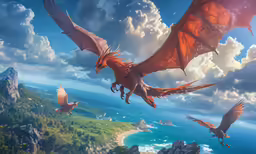 the animated godzilla is flying over the ocean