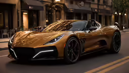 a gold - colored sports car parked on the side of a street